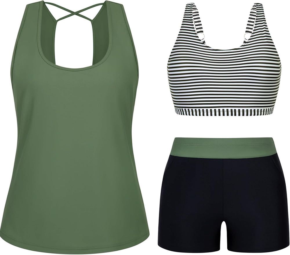 Arolina 3 Piece Swimsuits for Women Tankini Sets Tummy Control Modest Bathing Suits Plus Size Swimsuit Swimwear