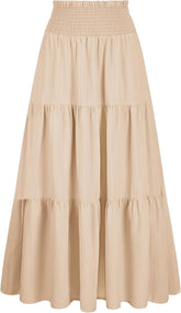 Arolina Women's Summer Maxi Skirt Flowy Smocked High Waist Boho Long Skirts | With pockets, Casual, Ankle length, Lined to prevent see-through, Tiered, Has texture, Lightweight, Soft, Loose, Elastic
