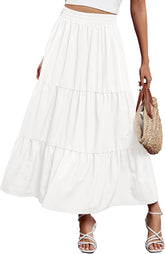 Arolina Maxi Skirt for Women Summer Boho Elastic High Waist Pleated A-Line Flowy Ruffle Swing Tiered Long Beach Skirt Dress
