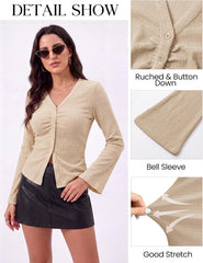 Arolina Women Button Down Ruched Blouse Long Sleeve Y2K Top | Bell Sleeve, V Neck, Business Casual, Dressy, Work, 2026 Fall Trendy Clothes, Stretchy, Fitted, Chic