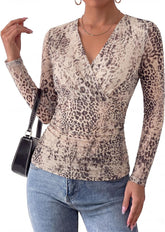 Arolina Womens Wrap Tops Long Sleeve Mesh V Neck Dressy Casual Blouses | Boho,Sheer Sleeve, Lined Torso,Ruched Waist, Slight Stretch, Floral, Casual, Breathable, Wrinkle Resistance, Lightweight