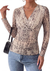 Arolina Womens Wrap Tops Long Sleeve Mesh V Neck Dressy Casual Blouses | Boho,Sheer Sleeve, Lined Torso,Ruched Waist, Slight Stretch, Floral, Casual, Breathable, Wrinkle Resistance, Lightweight