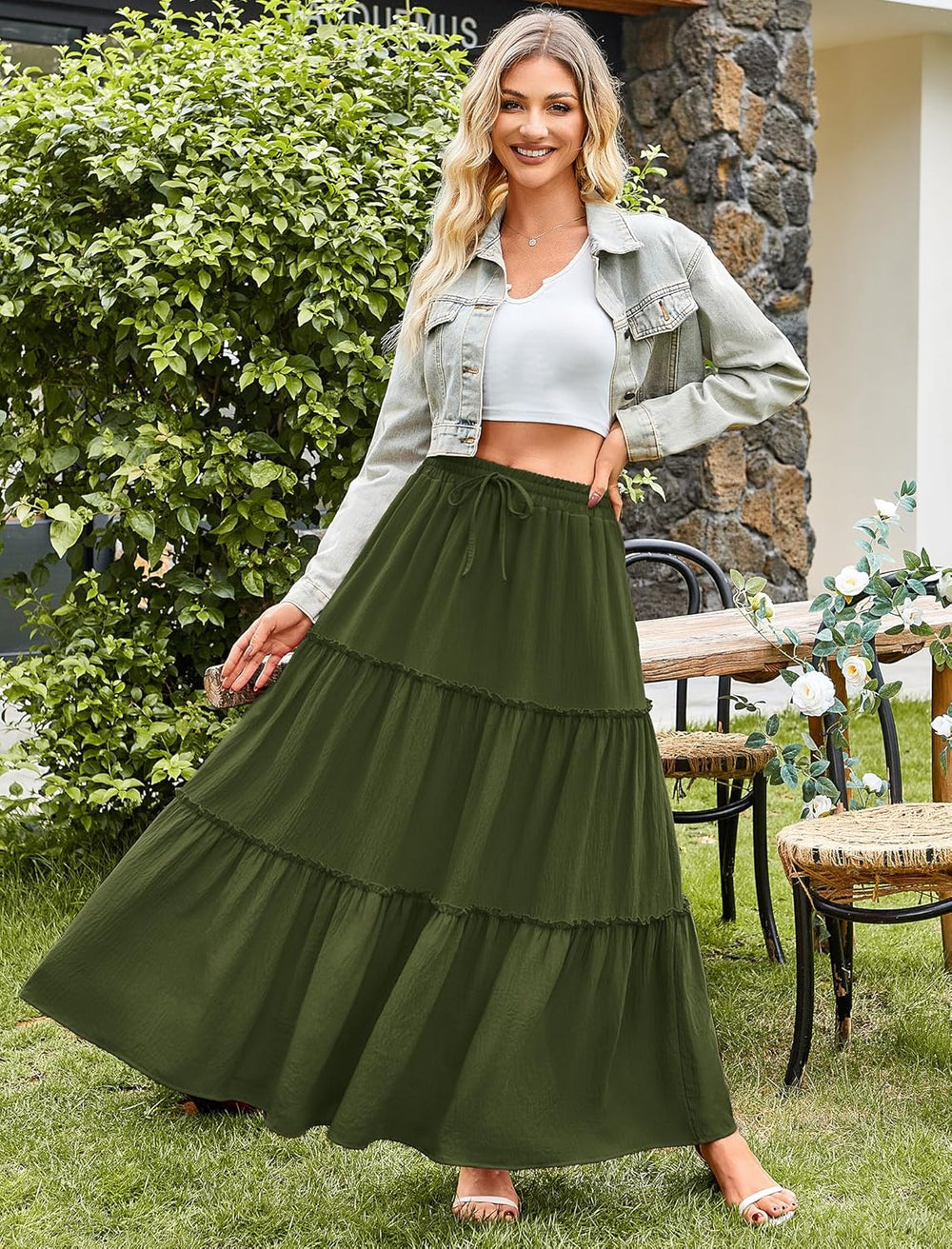 Arolina Women's Summer Maxi Skirt Trendy High Waist Pleated Ruffle Long Skirts Flowy Beach Boho Skirt Dress with Pockets