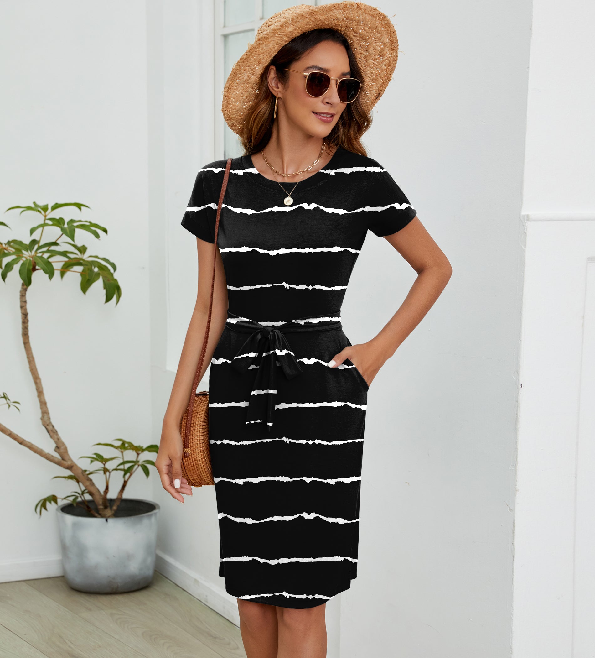 Womens Summer Short Sleeve Striped T Shirt Dress