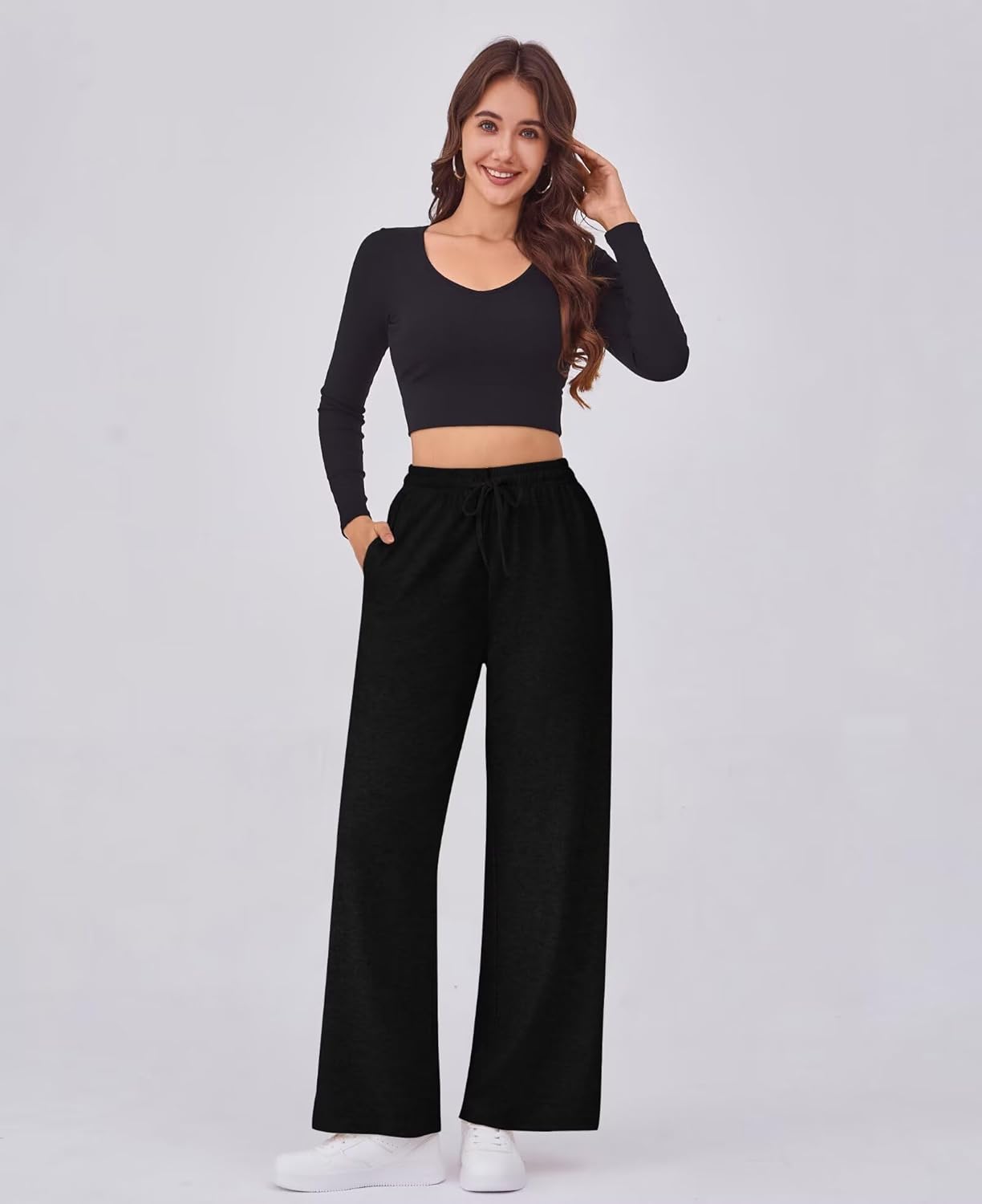 Arolina Womens Wide Leg Pants Elastic Waist Trousers Casual Palazzo Pants with Pockets