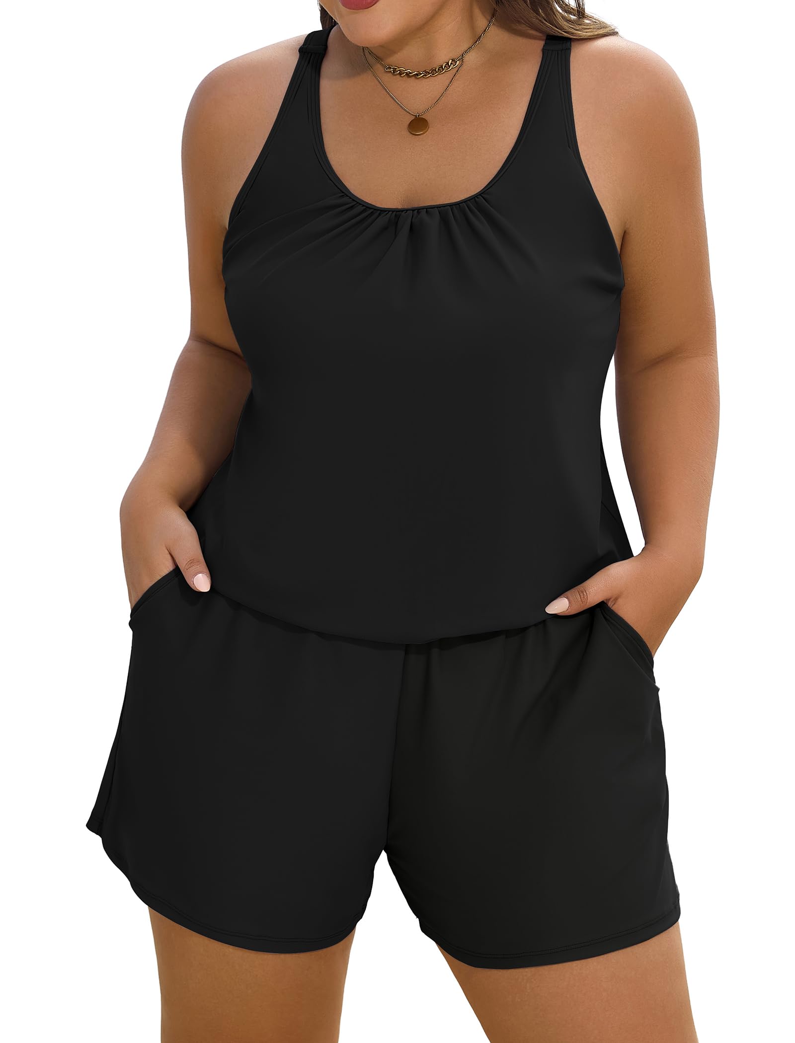 Arolina Women's Plus Size Swim Romper One Piece Swimsuits Modest Bathing Suit with Pockets (S-24W)