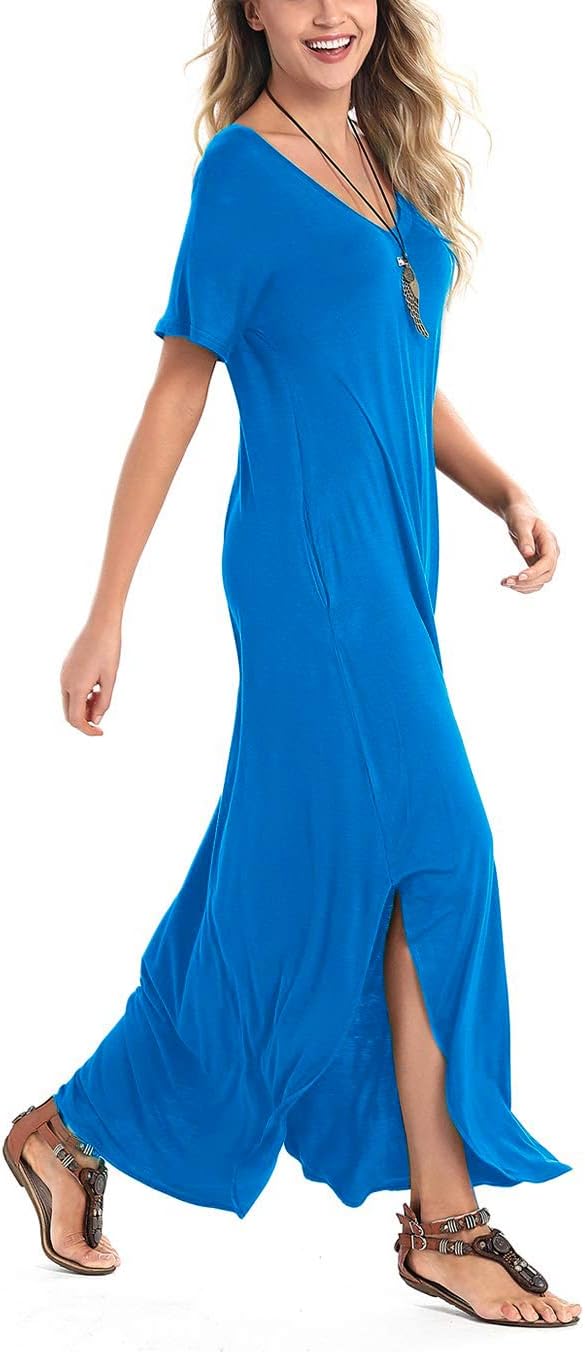 Arolina Women's Summer Maxi Dress Short Sleeve V Neck Casual Loose Long Beach Split Dresses with Pockets