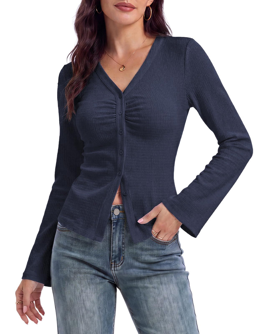 Arolina Women Button Down Ruched Blouse Long Sleeve Y2K Top | Bell Sleeve, V Neck, Business Casual, Dressy, Work, 2026 Fall Trendy Clothes, Stretchy, Fitted, Chic