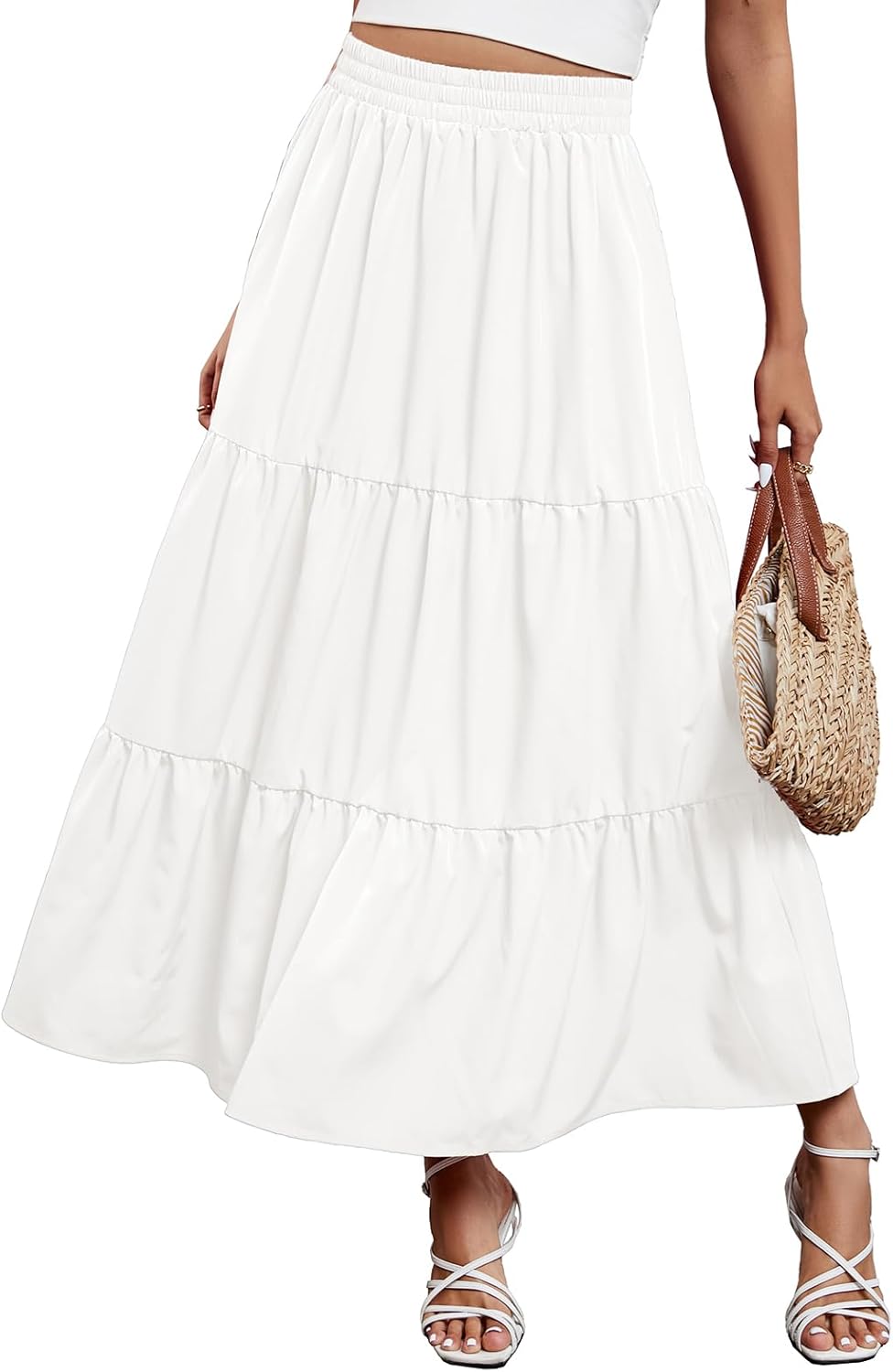 Arolina Maxi Skirt for Women Summer Boho Elastic High Waist Pleated A-Line Flowy Ruffle Swing Tiered Long Beach Skirt Dress