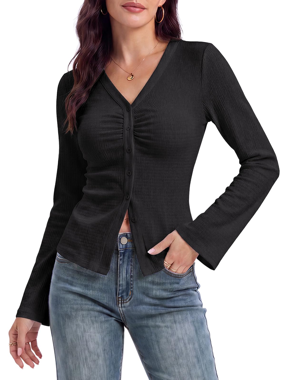 Arolina Women Button Down Ruched Blouse Long Sleeve Y2K Top | Bell Sleeve, V Neck, Business Casual, Dressy, Work, 2026 Fall Trendy Clothes, Stretchy, Fitted, Chic