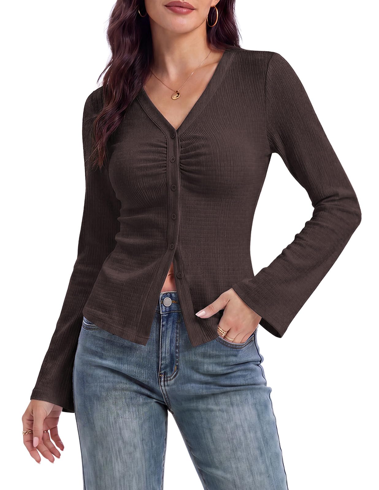 Arolina Women Button Down Ruched Blouse Long Sleeve Y2K Top | Bell Sleeve, V Neck, Business Casual, Dressy, Work, 2026 Fall Trendy Clothes, Stretchy, Fitted, Chic