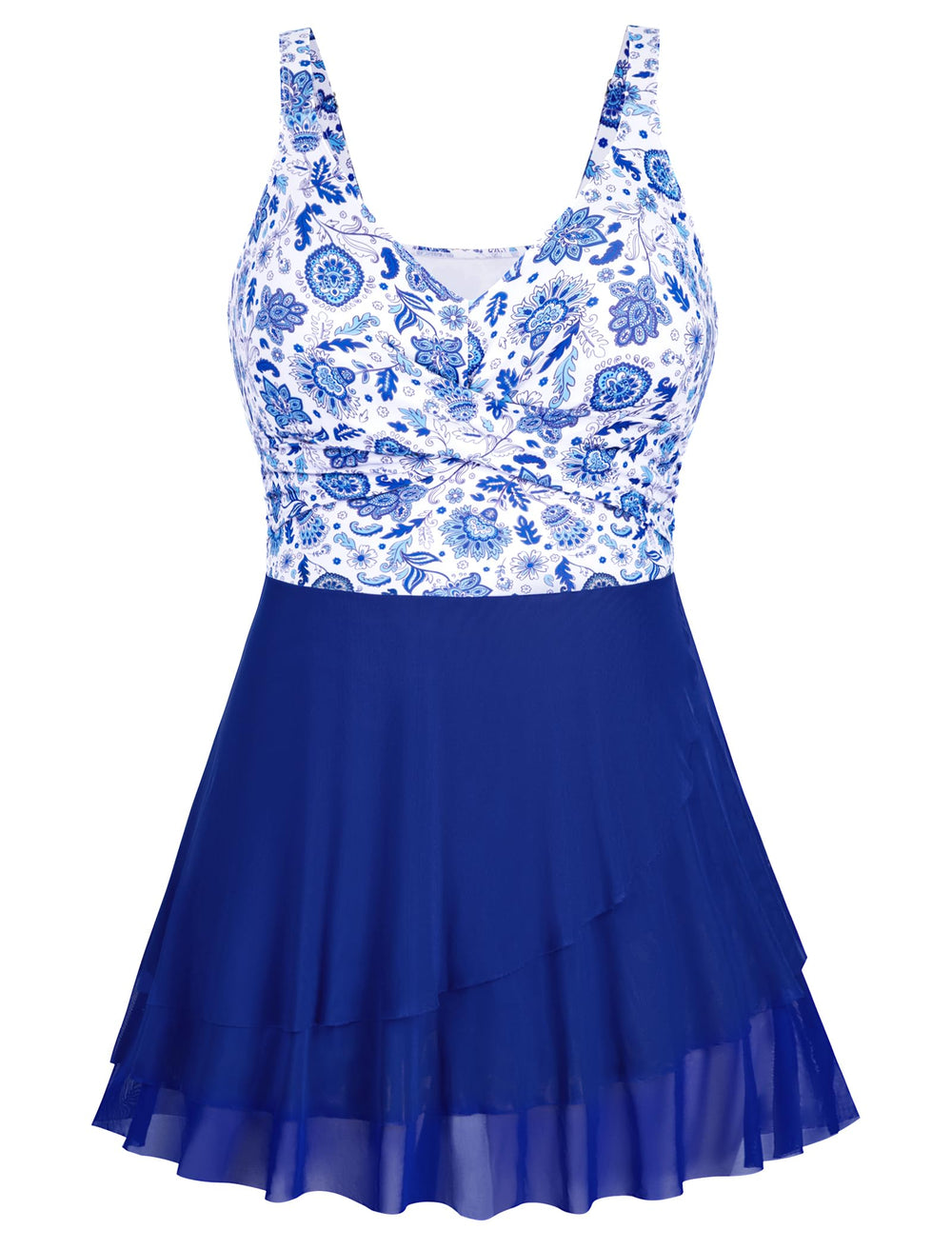 Arolina Women Plus Size One Piece Swimsuits Mesh Ruffle Swimdress Modest Bathing Suit Front Cross Swim Suits with Bottom