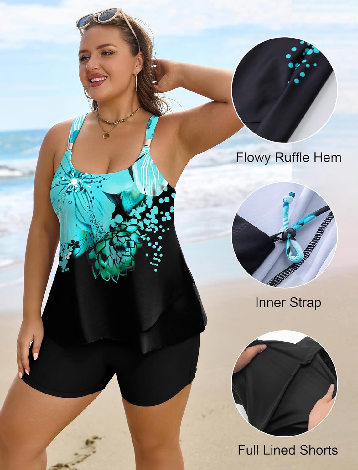 Arolina Womens Two Piece Swimsuit Ruffle High Waisted Tankinis Flowy Bathing Suit Modest Swimwear with Pockets (S-26W)