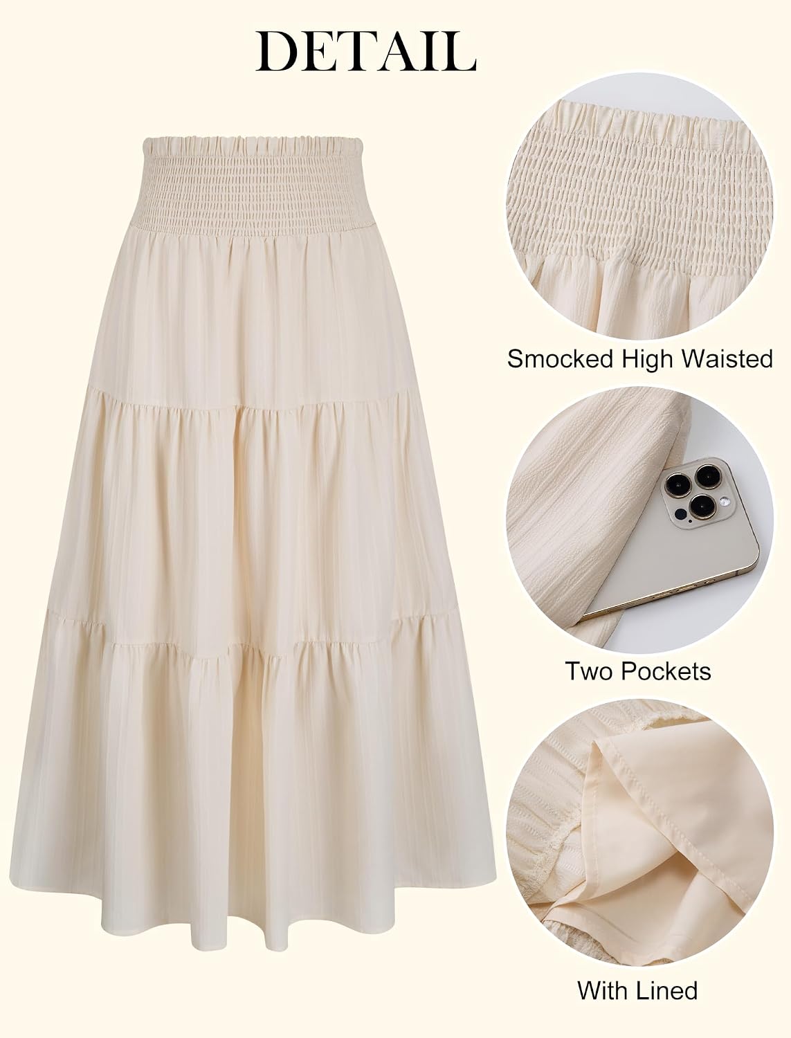 Arolina Women's Summer Maxi Skirt Flowy Smocked High Waist Boho Long Skirts | With pockets, Casual, Ankle length, Lined to prevent see-through, Tiered, Has texture, Lightweight, Soft, Loose, Elastic
