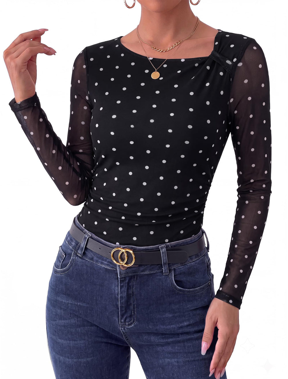 Arolina Womens Floral Mesh Shirt Fall Ruched Y2k Long Sleeve Blouses Tops | Asymmetrical Neck, Lined Torso, Sheer Sleeves, Tie Dye, Slim Fit, Ruched Tummy, Trendy, Stylish, Soft, Lightweight, Clubwear