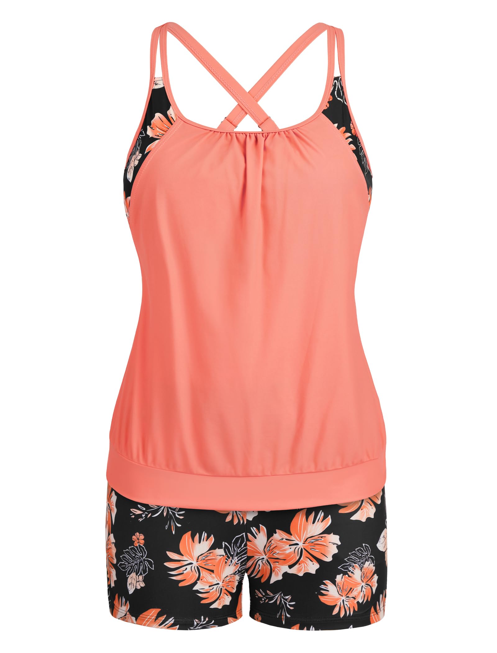 Arolina Tankini Swimsuits for Women Modest Two Piece Blouson Bathing Suit Tank Top with Boy Shorts Pockets (S-24W)