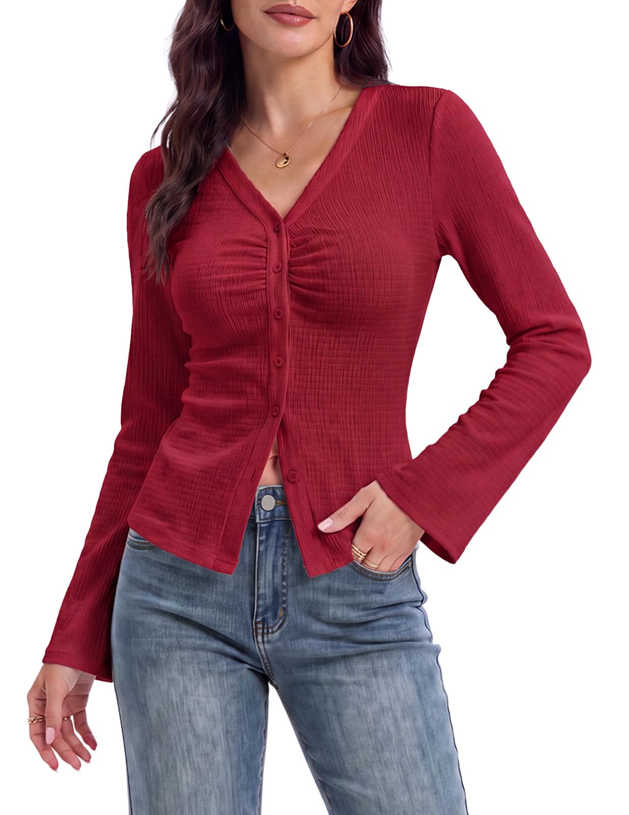 Arolina Women Button Down Ruched Blouse Long Sleeve Y2K Top | Bell Sleeve, V Neck, Business Casual, Dressy, Work, 2026 Fall Trendy Clothes, Stretchy, Fitted, Chic