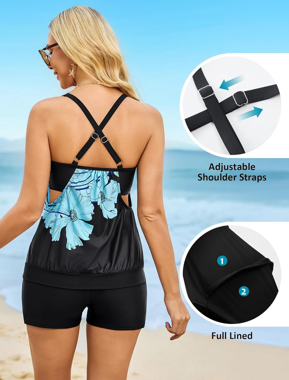 Arolina Tankini Swimsuits for Women Modest Two Piece Blouson Bathing Suit Tank Top with Boy Shorts Pockets (S-24W)