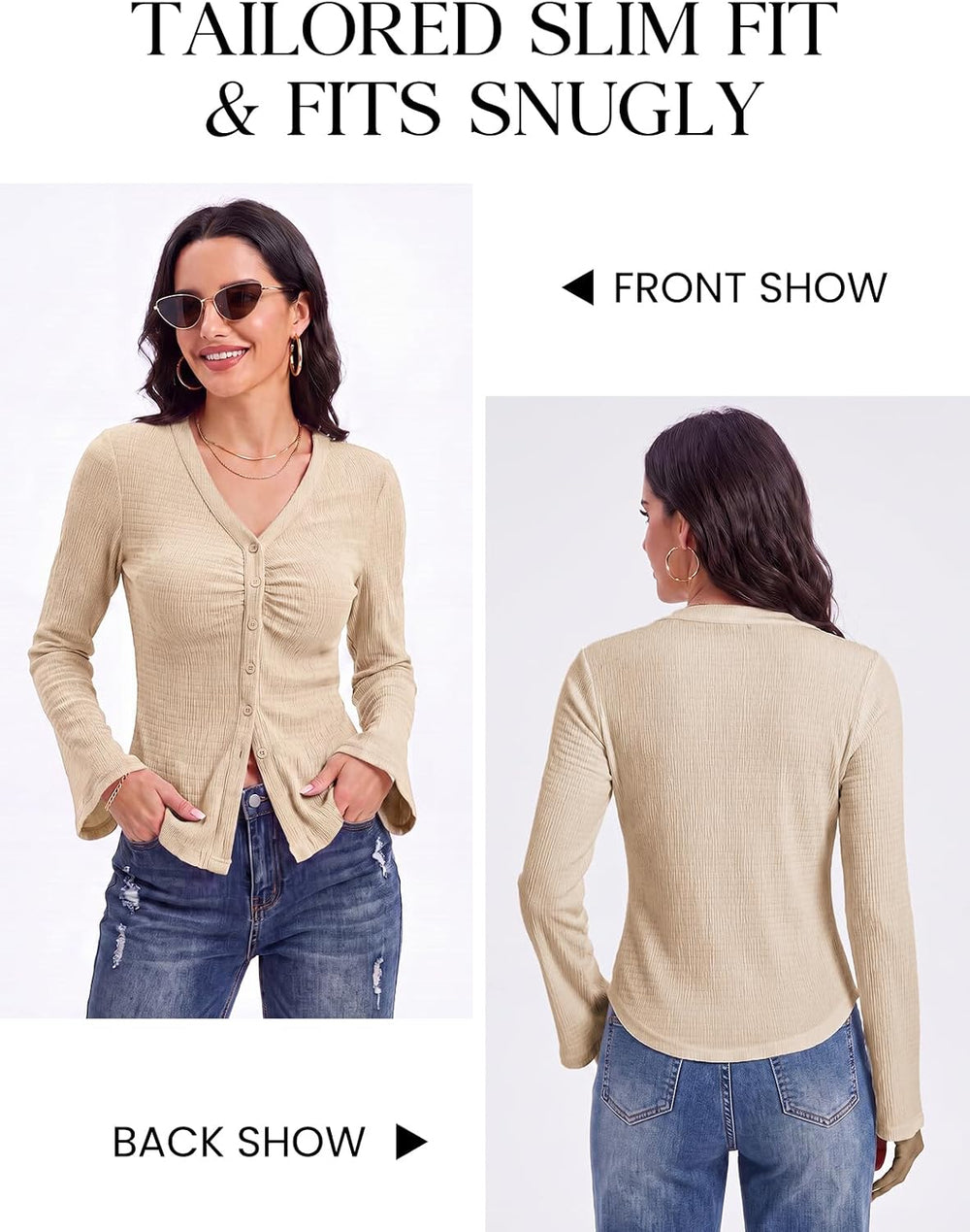Arolina Women Button Down Ruched Blouse Long Sleeve Y2K Top | Bell Sleeve, V Neck, Business Casual, Dressy, Work, 2026 Fall Trendy Clothes, Stretchy, Fitted, Chic