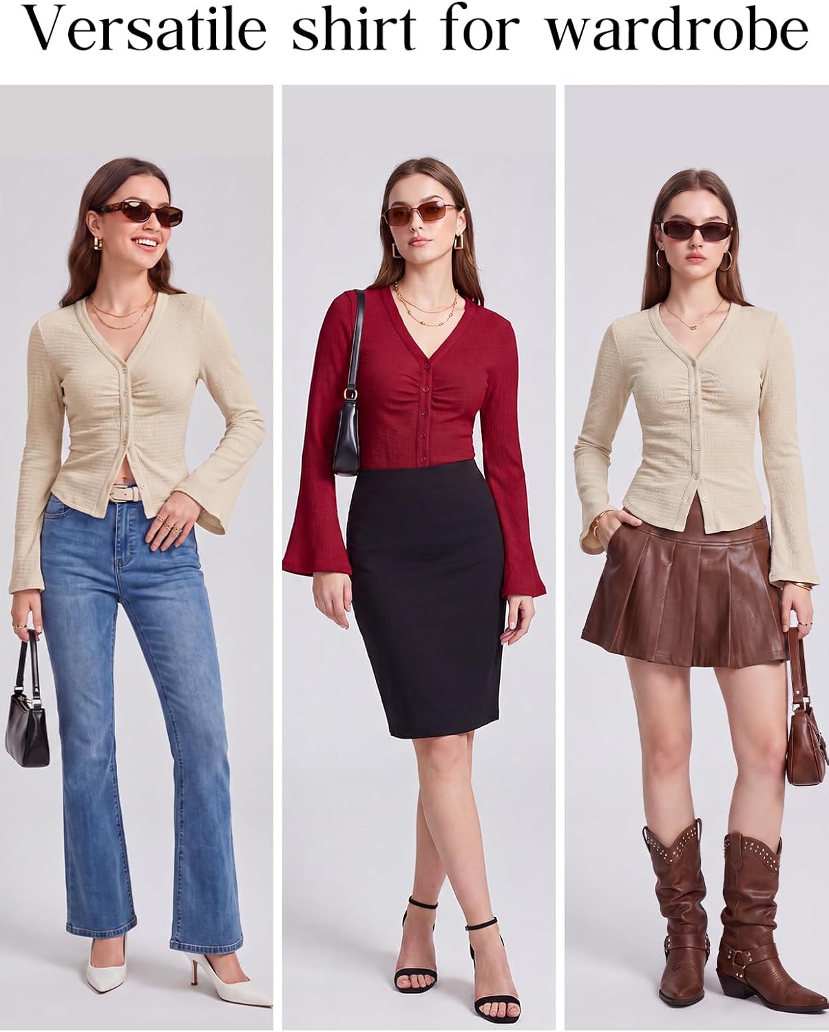 Arolina Women Button Down Ruched Blouse Long Sleeve Y2K Top | Bell Sleeve, V Neck, Business Casual, Dressy, Work, 2026 Fall Trendy Clothes, Stretchy, Fitted, Chic