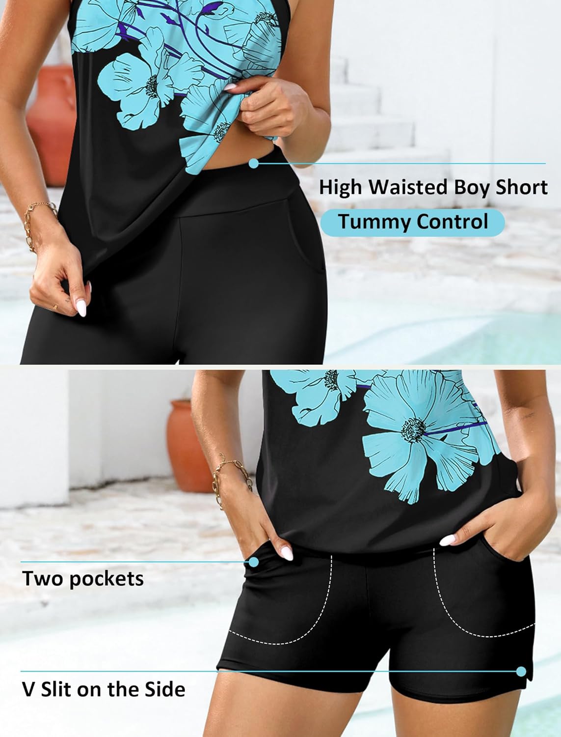 Arolina Tankini Swimsuits for Women Modest Two Piece Blouson Bathing Suit Tank Top with Boy Shorts Pockets (S-24W)