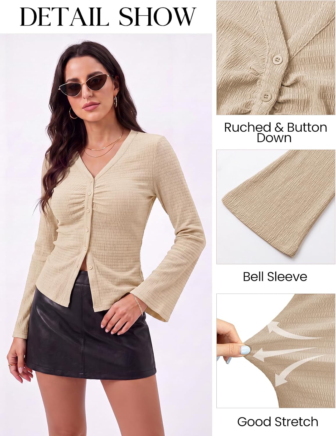 Arolina Women Button Down Ruched Blouse Long Sleeve Y2K Top | Bell Sleeve, V Neck, Business Casual, Dressy, Work, 2026 Fall Trendy Clothes, Stretchy, Fitted, Chic