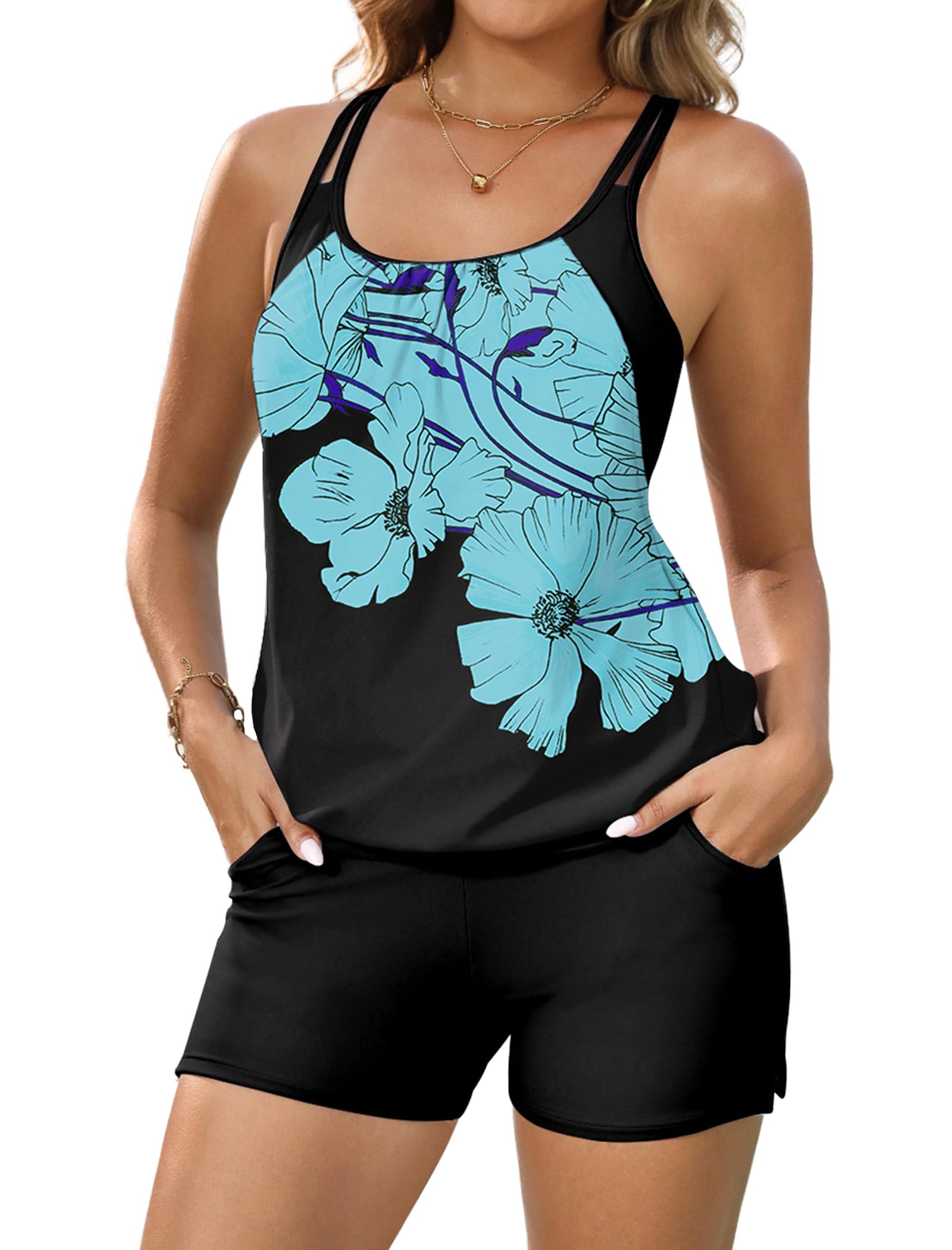 Arolina Tankini Swimsuits for Women Modest Two Piece Blouson Bathing Suit Tank Top with Boy Shorts Pockets (S-24W)