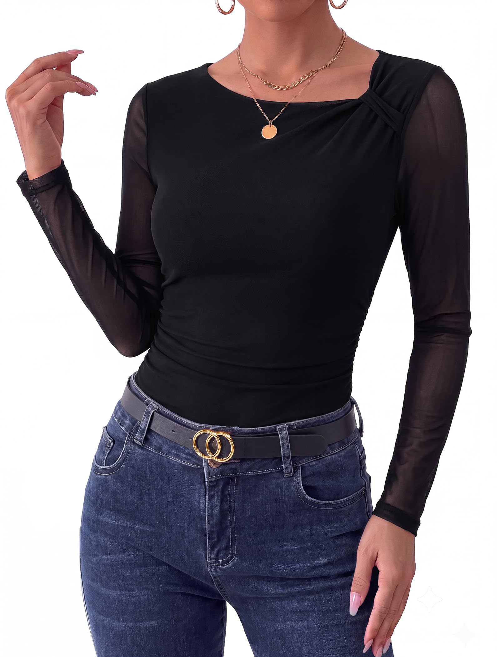 Arolina Womens Floral Mesh Shirt Fall Ruched Y2k Long Sleeve Blouses Tops | Asymmetrical Neck, Lined Torso, Sheer Sleeves, Tie Dye, Slim Fit, Ruched Tummy, Trendy, Stylish, Soft, Lightweight, Clubwear