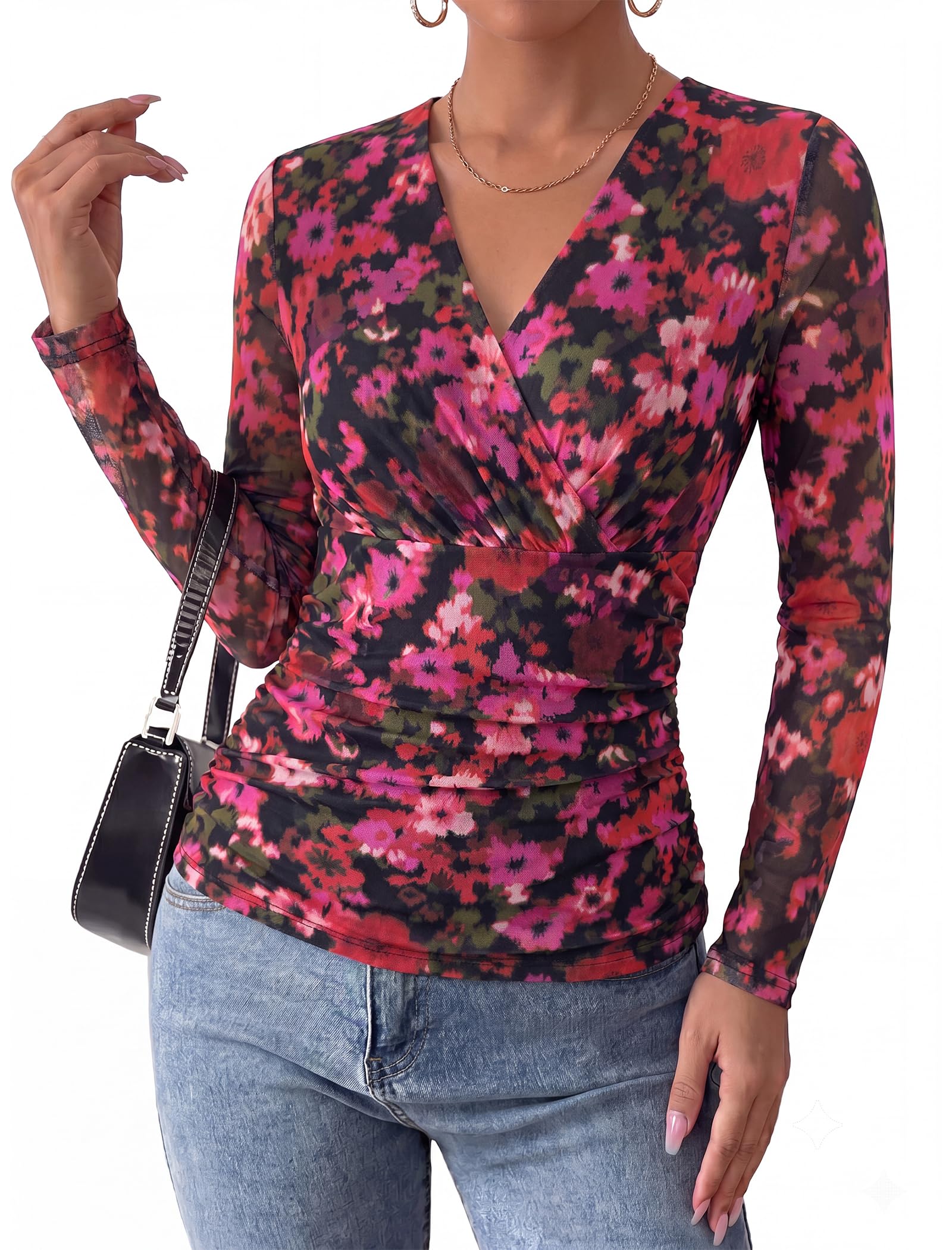 Arolina Womens Wrap Tops Long Sleeve Mesh V Neck Dressy Casual Blouses | Boho,Sheer Sleeve, Lined Torso,Ruched Waist, Slight Stretch, Floral, Casual, Breathable, Wrinkle Resistance, Lightweight