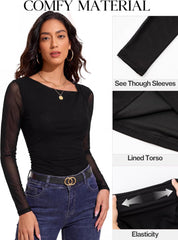 Arolina Womens Floral Mesh Shirt Fall Ruched Y2k Long Sleeve Blouses Tops | Asymmetrical Neck, Lined Torso, Sheer Sleeves, Tie Dye, Slim Fit, Ruched Tummy, Trendy, Stylish, Soft, Lightweight, Clubwear