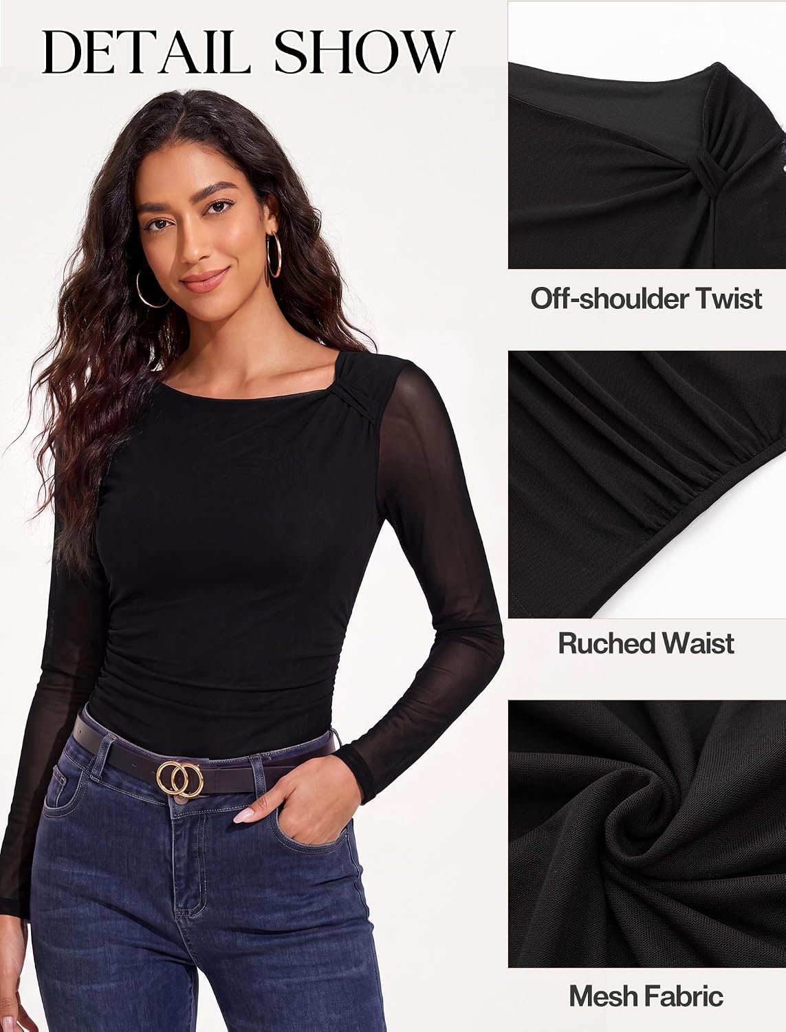 Arolina Womens Floral Mesh Shirt Fall Ruched Y2k Long Sleeve Blouses Tops | Asymmetrical Neck, Lined Torso, Sheer Sleeves, Tie Dye, Slim Fit, Ruched Tummy, Trendy, Stylish, Soft, Lightweight, Clubwear