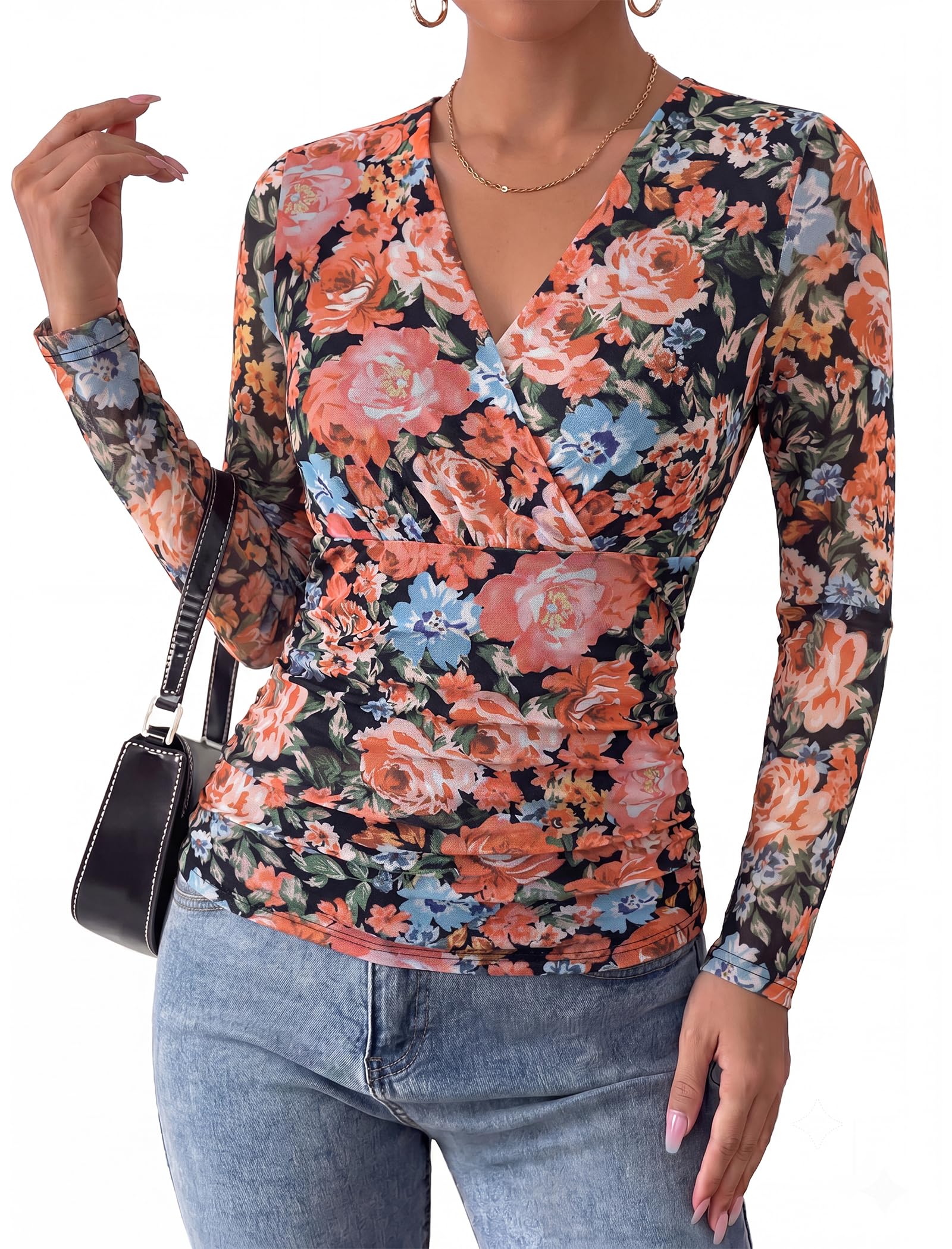 Arolina Womens Wrap Tops Long Sleeve Mesh V Neck Dressy Casual Blouses | Boho,Sheer Sleeve, Lined Torso,Ruched Waist, Slight Stretch, Floral, Casual, Breathable, Wrinkle Resistance, Lightweight