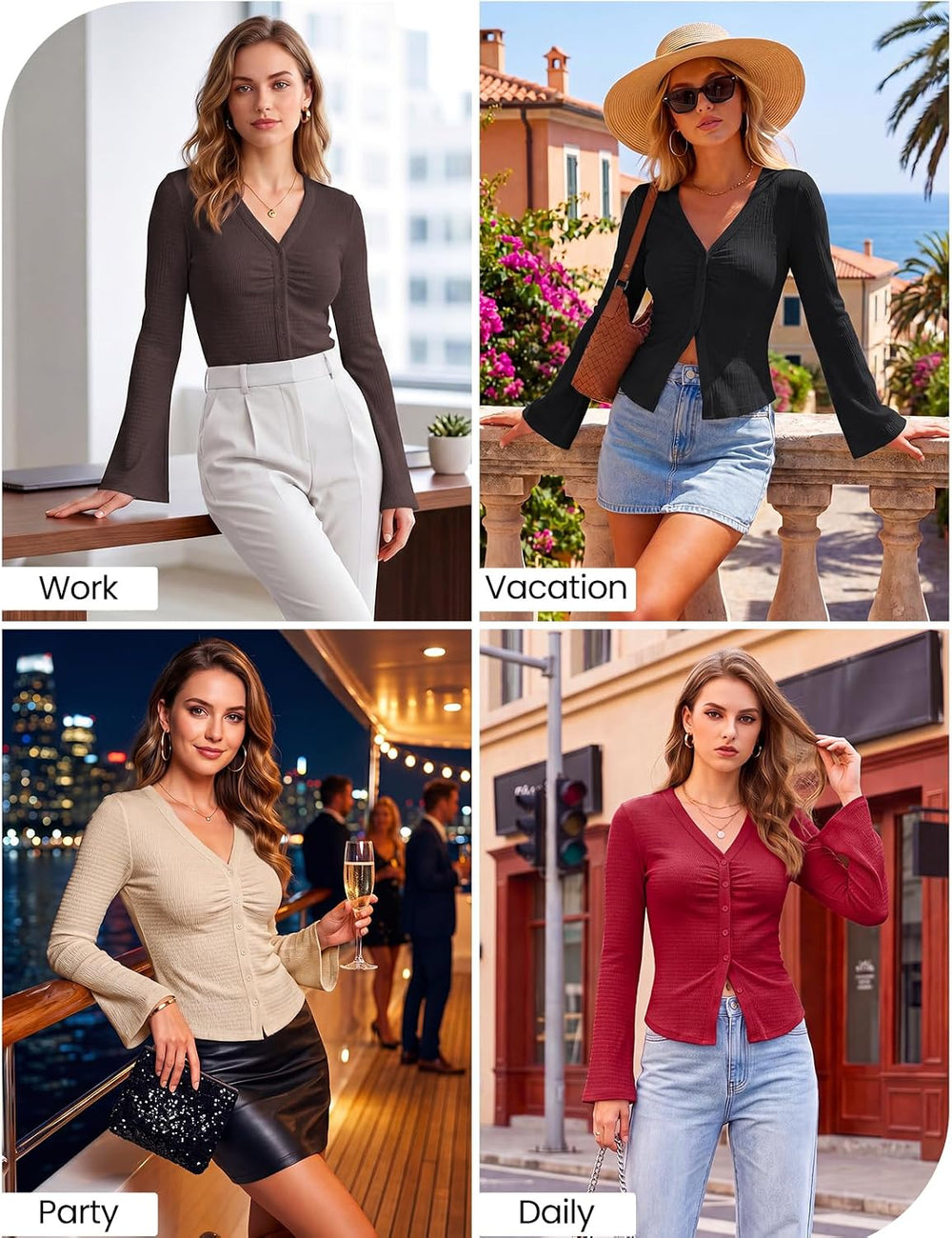 Arolina Women Button Down Ruched Blouse Long Sleeve Y2K Top | Bell Sleeve, V Neck, Business Casual, Dressy, Work, 2026 Fall Trendy Clothes, Stretchy, Fitted, Chic