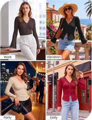 Arolina Women Button Down Ruched Blouse Long Sleeve Y2K Top | Bell Sleeve, V Neck, Business Casual, Dressy, Work, 2026 Fall Trendy Clothes, Stretchy, Fitted, Chic