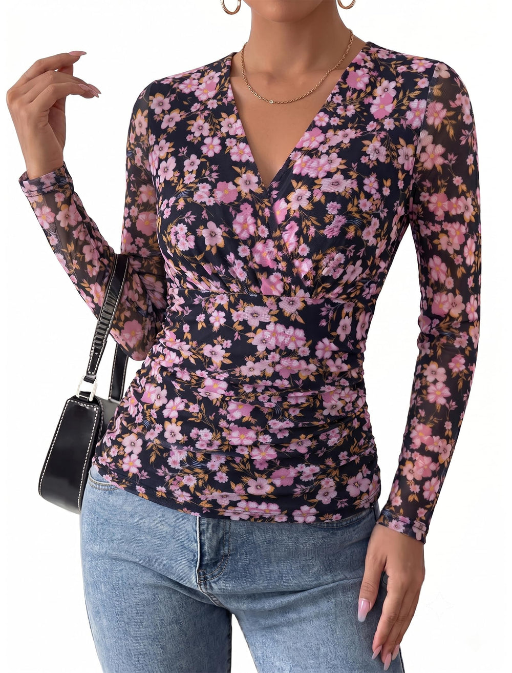 Arolina Womens Wrap Tops Long Sleeve Mesh V Neck Dressy Casual Blouses | Boho,Sheer Sleeve, Lined Torso,Ruched Waist, Slight Stretch, Floral, Casual, Breathable, Wrinkle Resistance, Lightweight