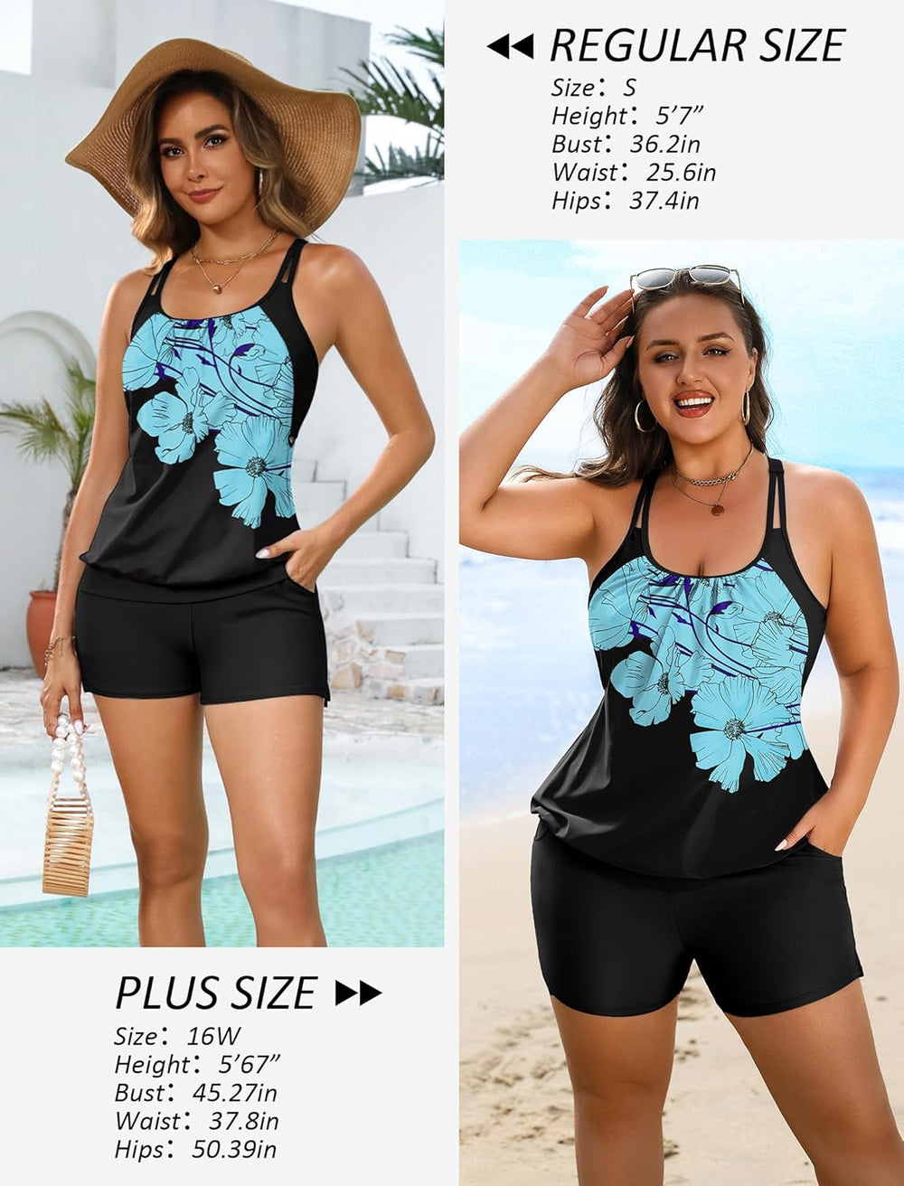 Arolina Tankini Swimsuits for Women Modest Two Piece Blouson Bathing Suit Tank Top with Boy Shorts Pockets (S-24W)