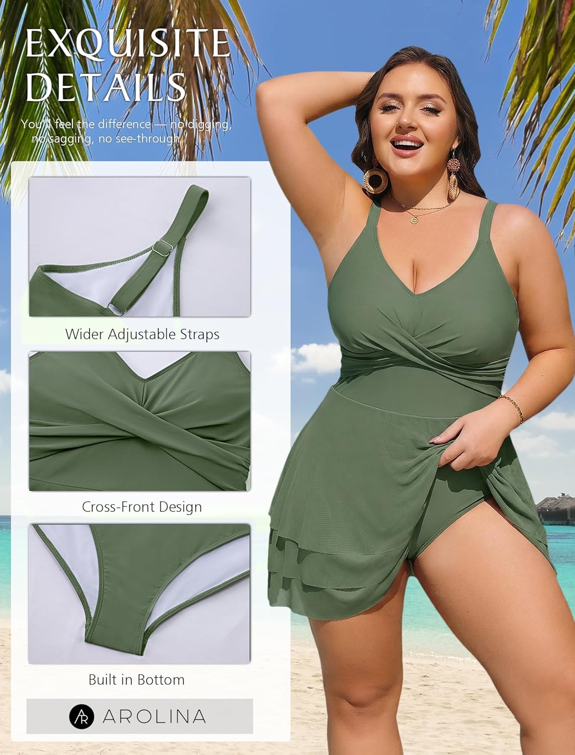 Arolina Women Plus Size One Piece Swimsuits Mesh Ruffle Swimdress Modest Bathing Suit Front Cross Swim Suits with Bottom