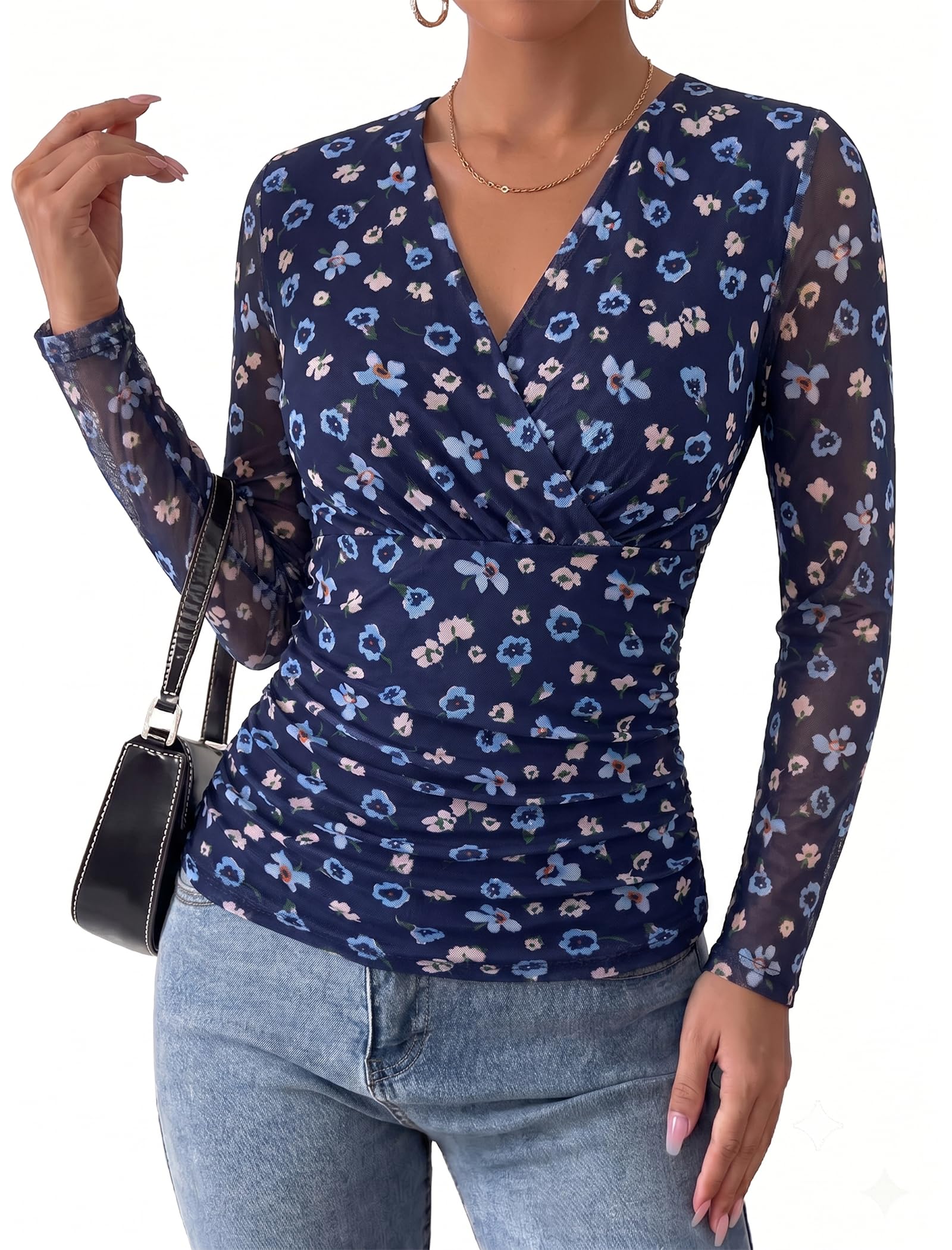 Arolina Womens Wrap Tops Long Sleeve Mesh V Neck Dressy Casual Blouses | Boho,Sheer Sleeve, Lined Torso,Ruched Waist, Slight Stretch, Floral, Casual, Breathable, Wrinkle Resistance, Lightweight