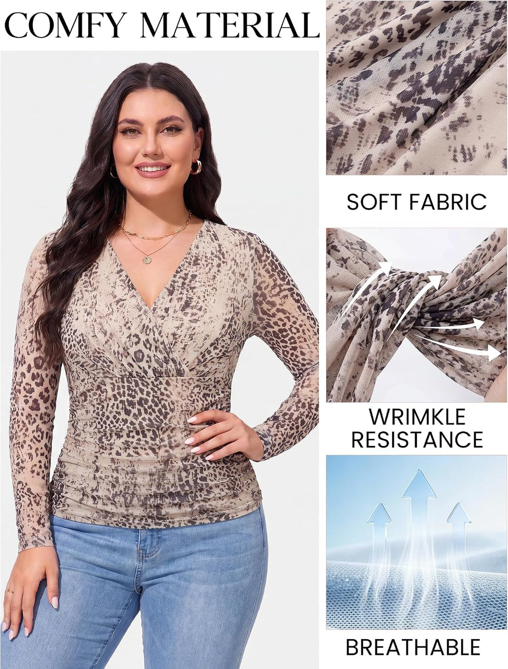 Arolina Womens Wrap Tops Long Sleeve Mesh V Neck Dressy Casual Blouses | Boho,Sheer Sleeve, Lined Torso,Ruched Waist, Slight Stretch, Floral, Casual, Breathable, Wrinkle Resistance, Lightweight