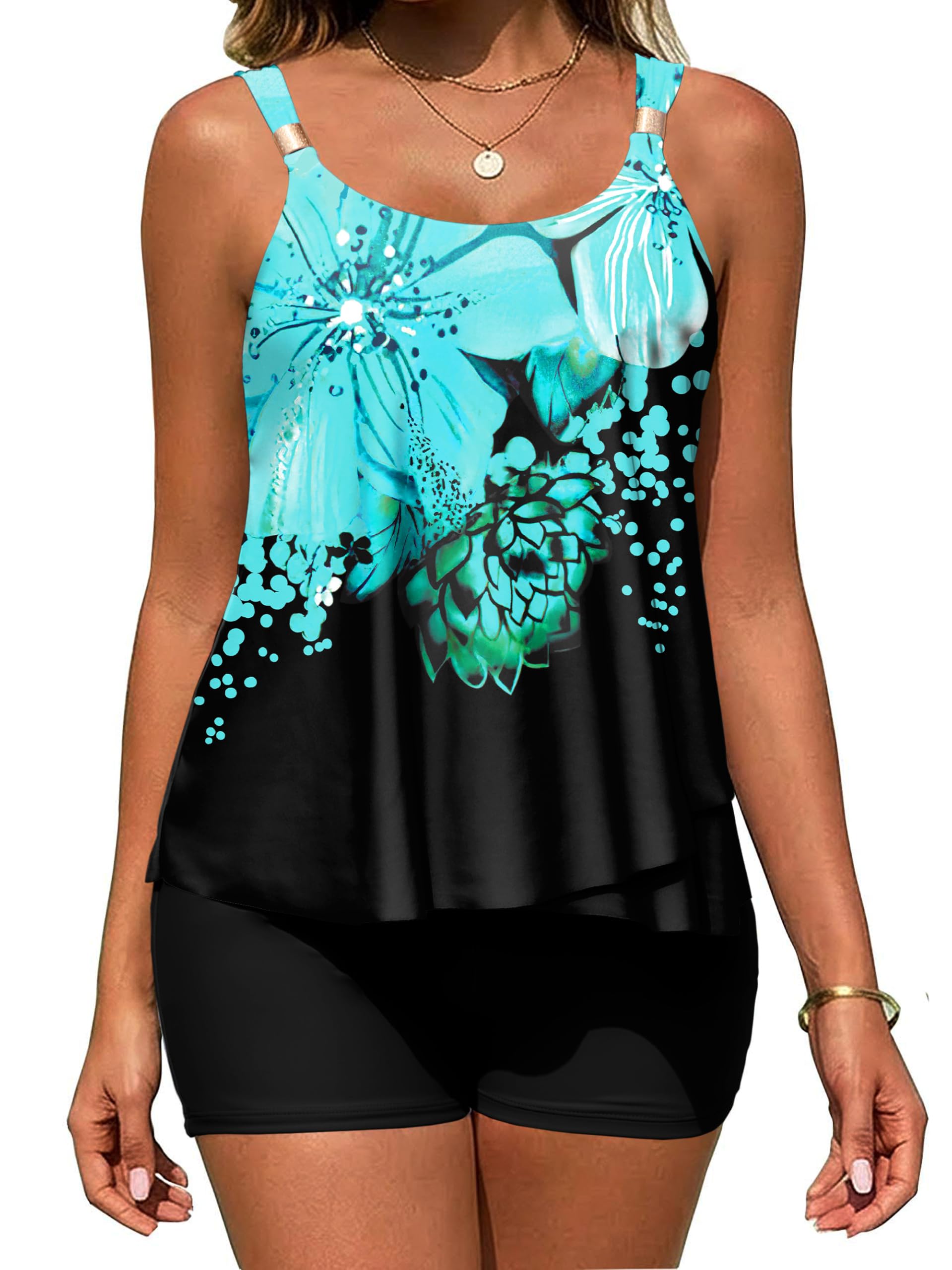 Arolina Womens Two Piece Swimsuit Ruffle High Waisted Tankinis Flowy Bathing Suit Modest Swimwear with Pockets (S-26W)