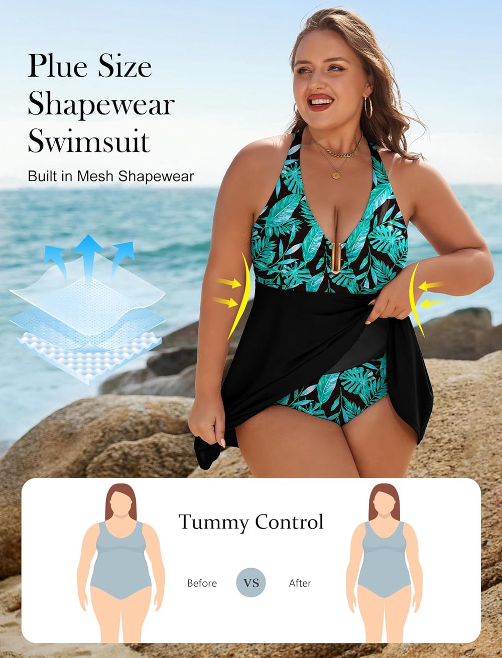 Arolina Women's One Piece Swimsuit Tummy Control Bathing Suit U Wire Slimming Swim Dress Plus Size Body Shaping Swimwear