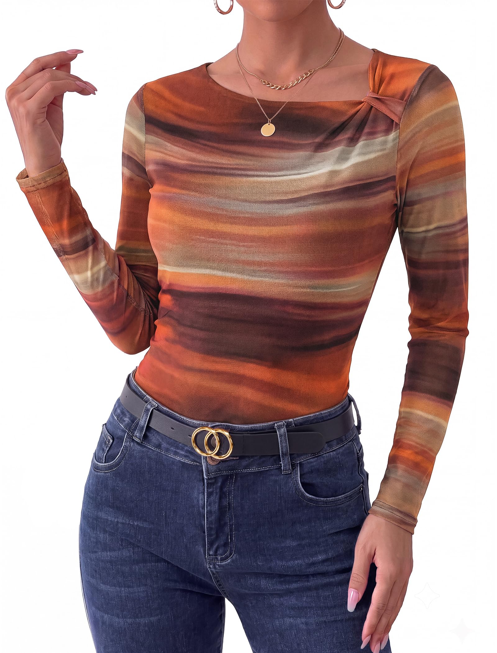 Arolina Womens Floral Mesh Shirt Fall Ruched Y2k Long Sleeve Blouses Tops | Asymmetrical Neck, Lined Torso, Sheer Sleeves, Tie Dye, Slim Fit, Ruched Tummy, Trendy, Stylish, Soft, Lightweight, Clubwear