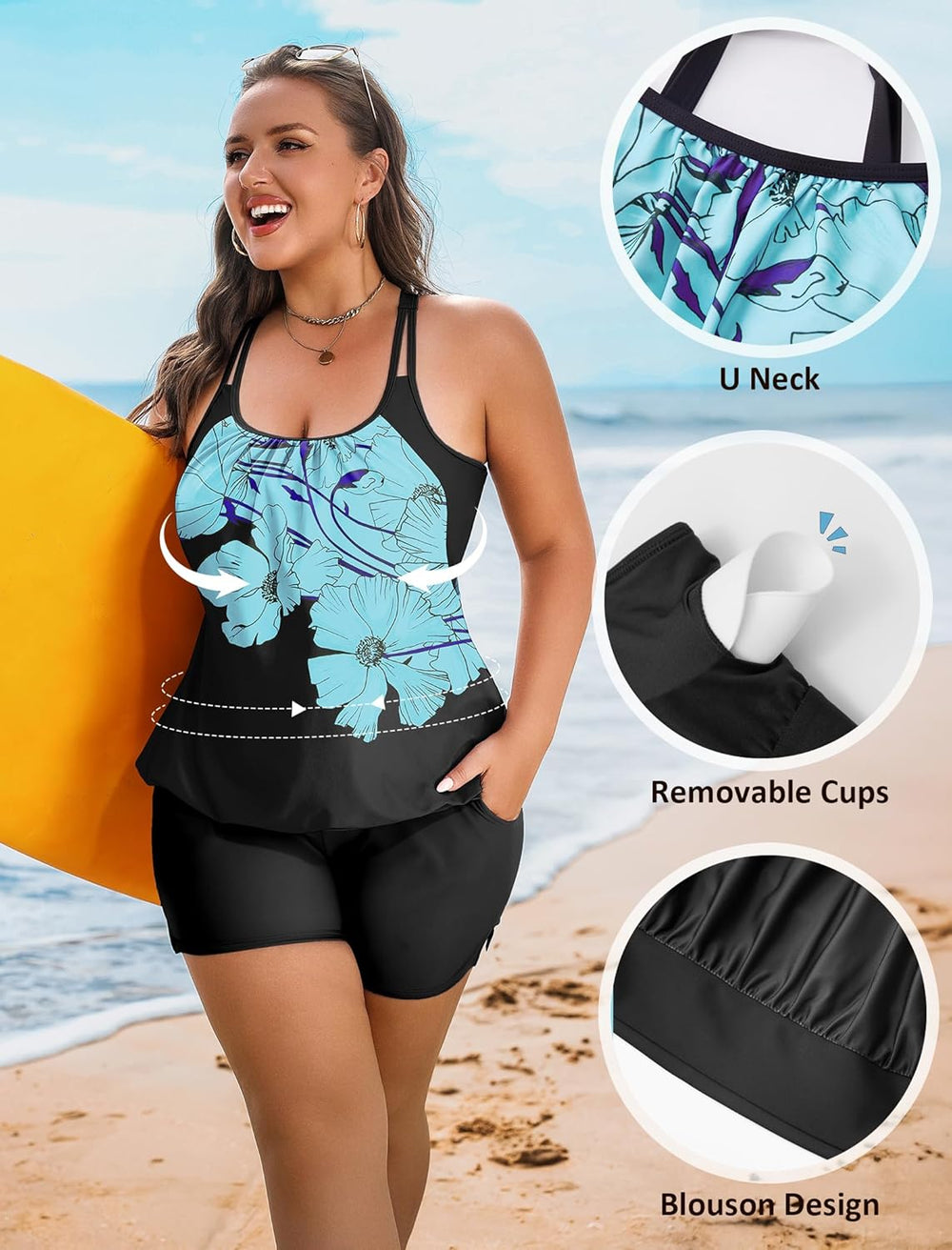 Arolina Tankini Swimsuits for Women Modest Two Piece Blouson Bathing Suit Tank Top with Boy Shorts Pockets (S-24W)