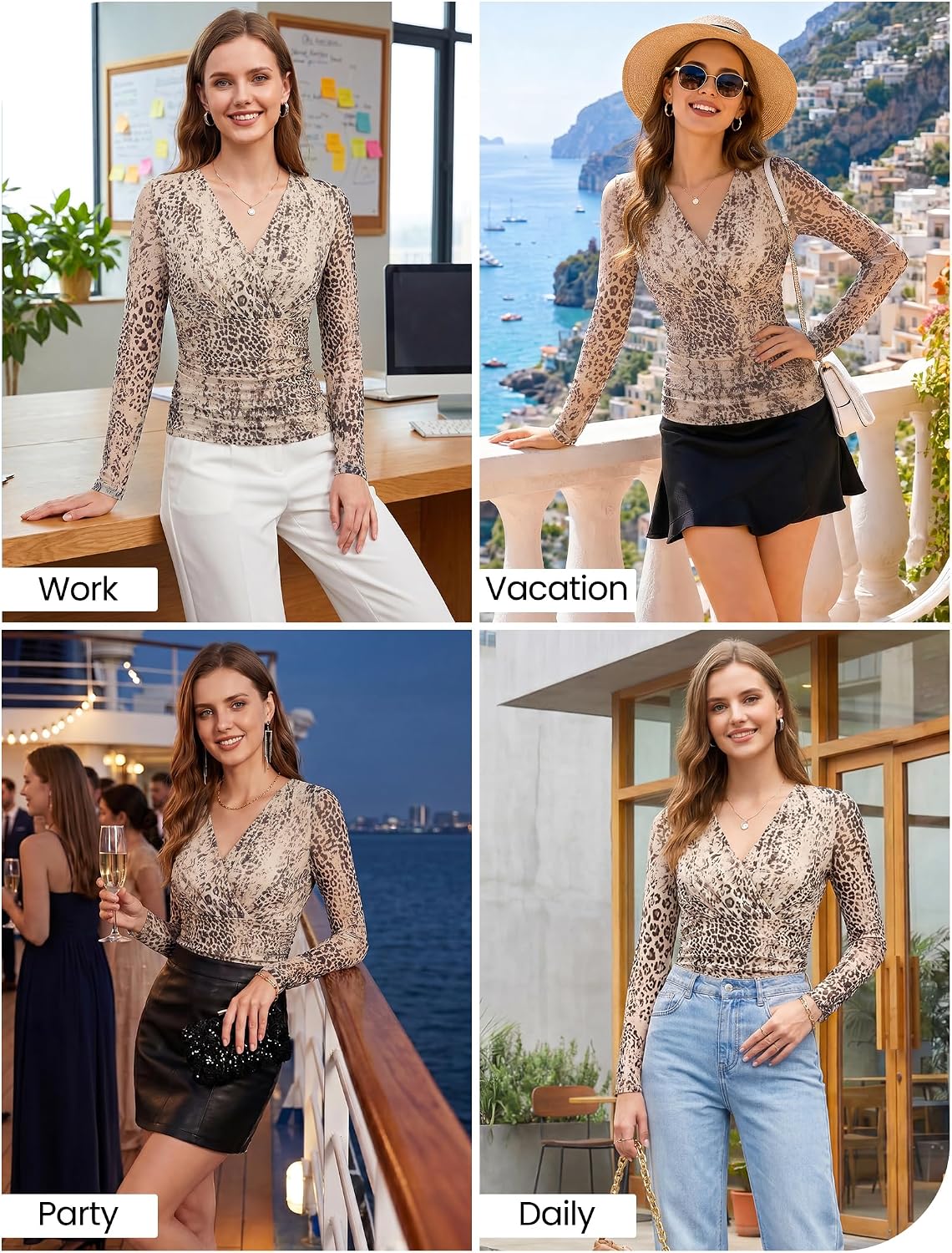 Arolina Womens Wrap Tops Long Sleeve Mesh V Neck Dressy Casual Blouses | Boho,Sheer Sleeve, Lined Torso,Ruched Waist, Slight Stretch, Floral, Casual, Breathable, Wrinkle Resistance, Lightweight