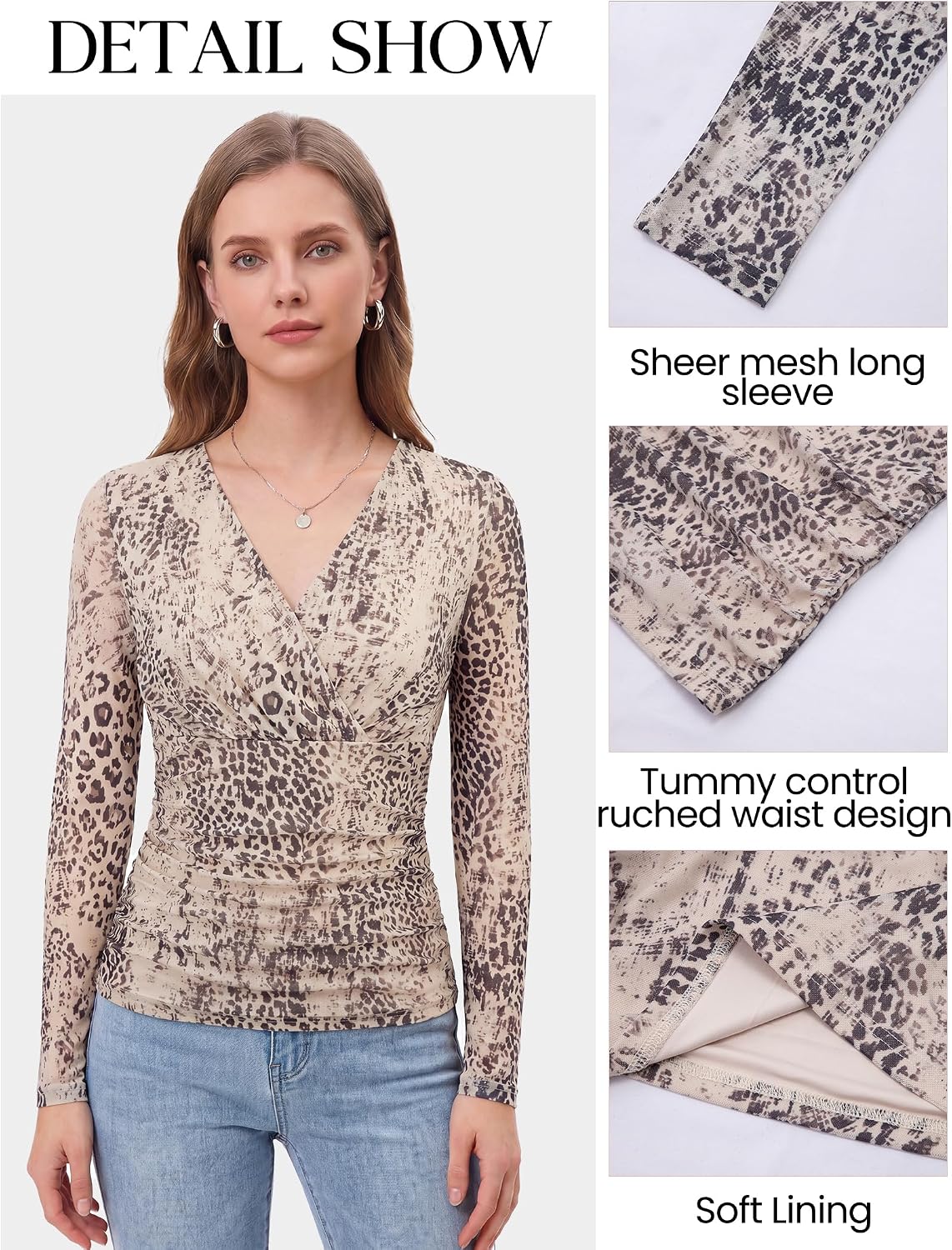 Arolina Womens Wrap Tops Long Sleeve Mesh V Neck Dressy Casual Blouses | Boho,Sheer Sleeve, Lined Torso,Ruched Waist, Slight Stretch, Floral, Casual, Breathable, Wrinkle Resistance, Lightweight