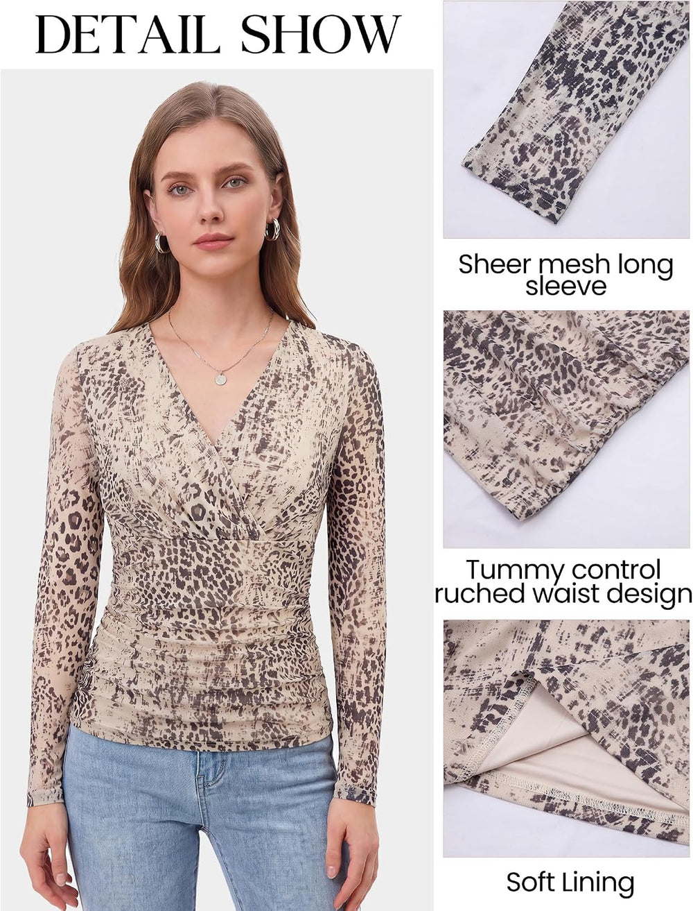Arolina Womens Wrap Tops Long Sleeve Mesh V Neck Dressy Casual Blouses | Boho,Sheer Sleeve, Lined Torso,Ruched Waist, Slight Stretch, Floral, Casual, Breathable, Wrinkle Resistance, Lightweight