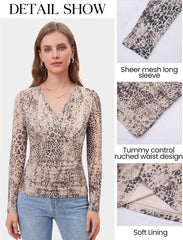 Arolina Womens Wrap Tops Long Sleeve Mesh V Neck Dressy Casual Blouses | Boho,Sheer Sleeve, Lined Torso,Ruched Waist, Slight Stretch, Floral, Casual, Breathable, Wrinkle Resistance, Lightweight