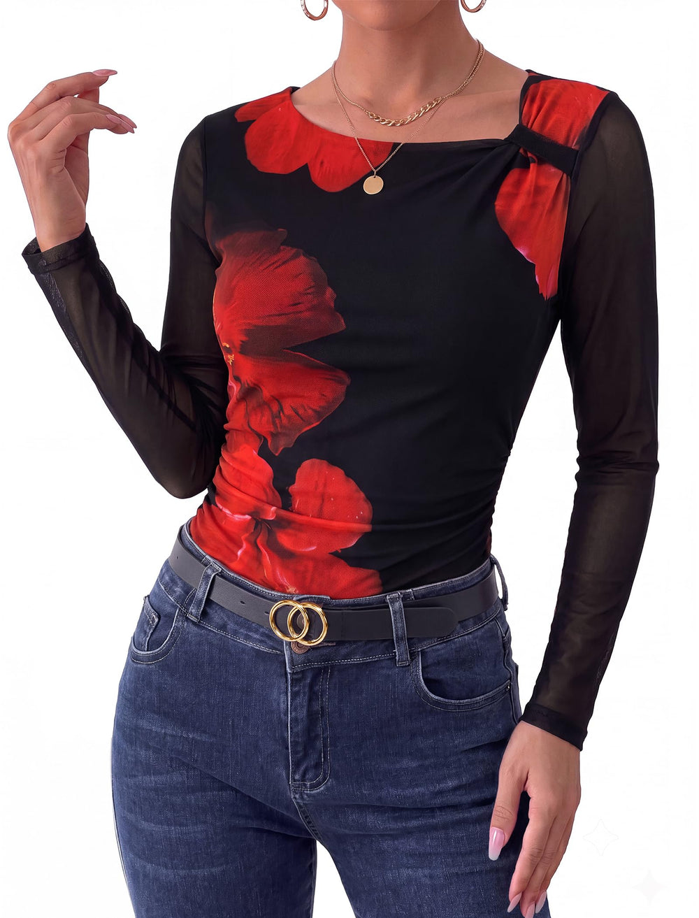 Arolina Womens Floral Mesh Shirt Fall Ruched Y2k Long Sleeve Blouses Tops | Asymmetrical Neck, Lined Torso, Sheer Sleeves, Tie Dye, Slim Fit, Ruched Tummy, Trendy, Stylish, Soft, Lightweight, Clubwear