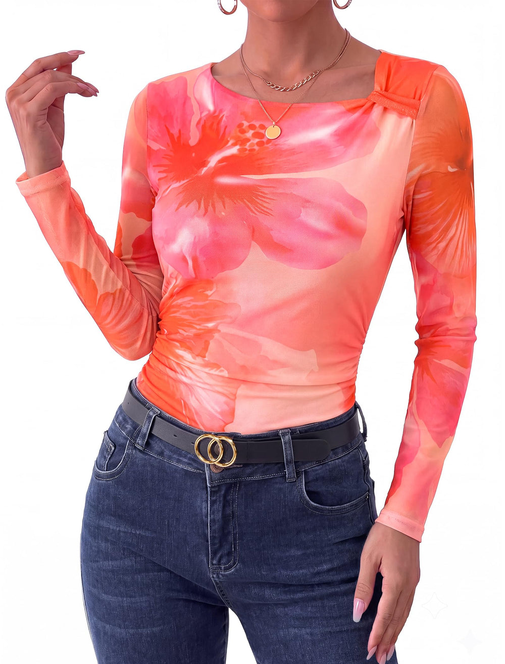 Arolina Womens Floral Mesh Shirt Fall Ruched Y2k Long Sleeve Blouses Tops | Asymmetrical Neck, Lined Torso, Sheer Sleeves, Tie Dye, Slim Fit, Ruched Tummy, Trendy, Stylish, Soft, Lightweight, Clubwear