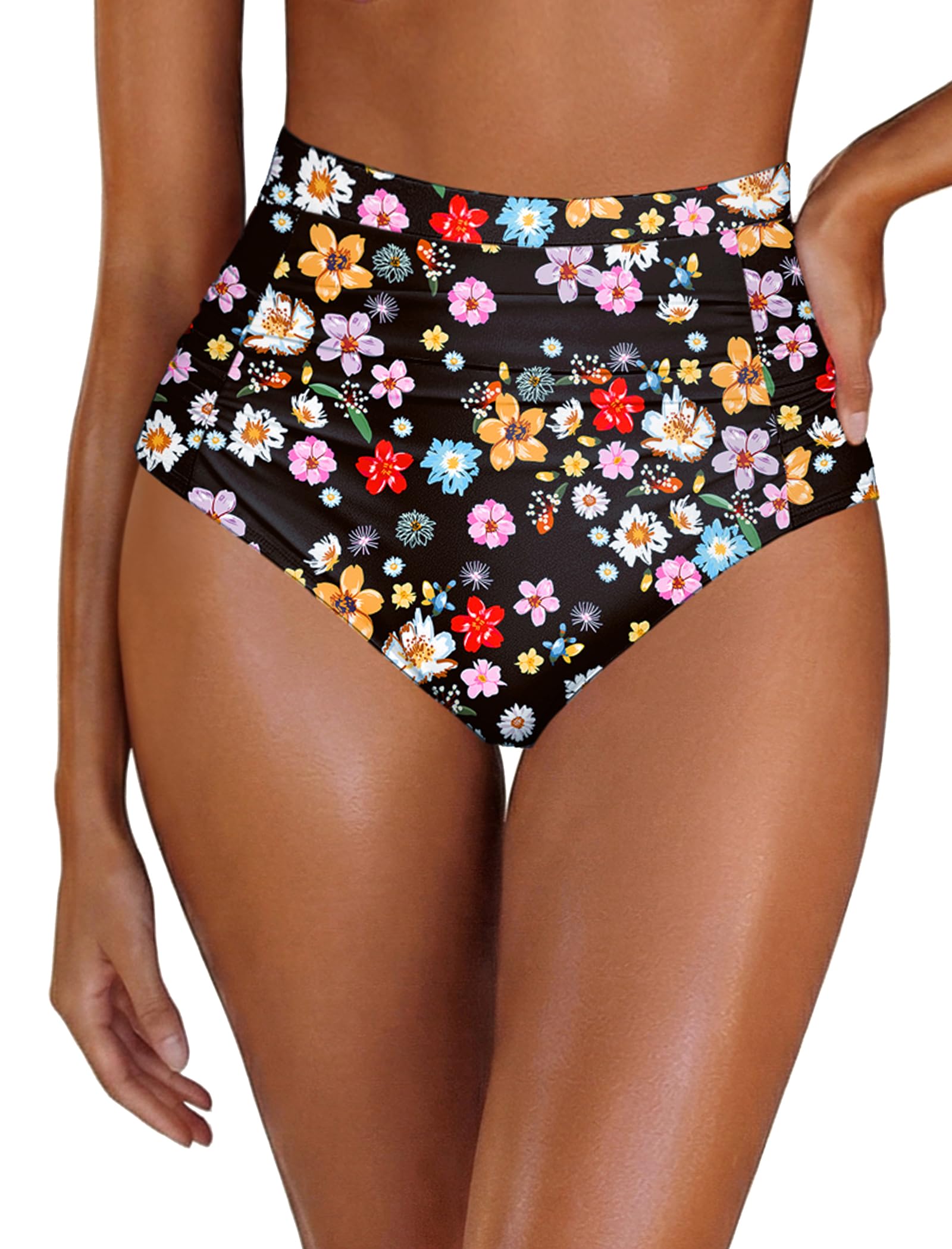 Arolina Womens High Waisted Bikini BottomsTummy Control Swim Bottom Ruched Full Coverage Retro Bathing Suit Bottoms